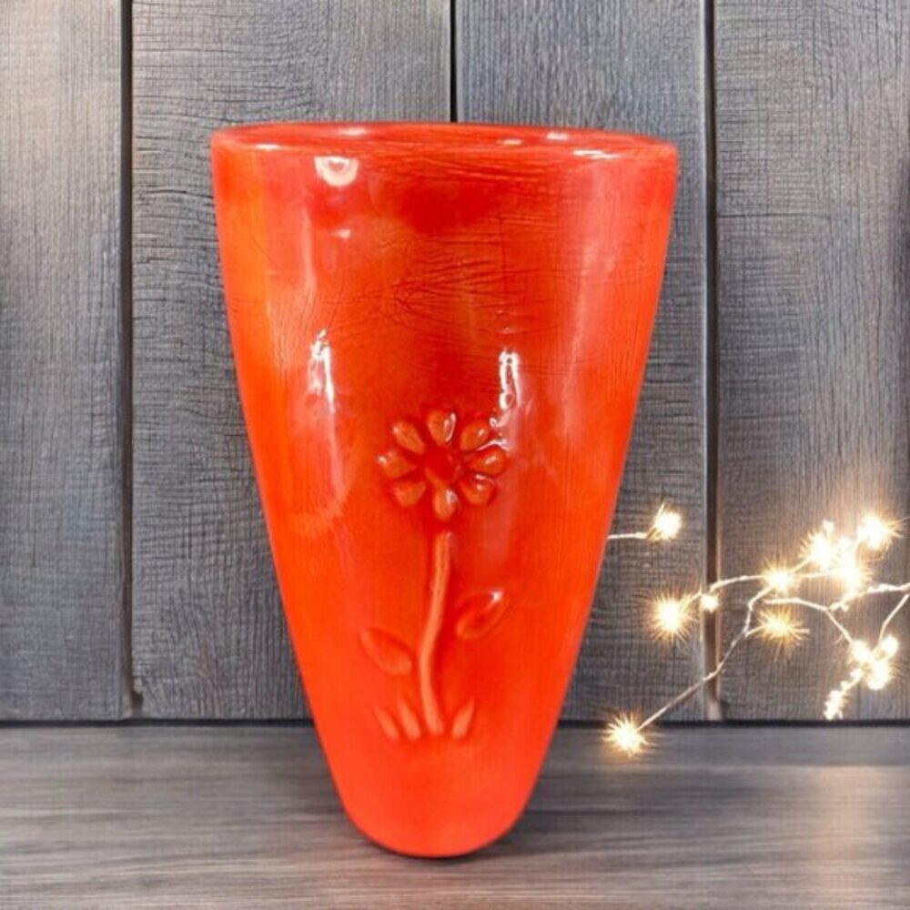 Antique Tall Pottery Vase Embossed Flower USA Hand Made Vase Vessel‎ Orange Red